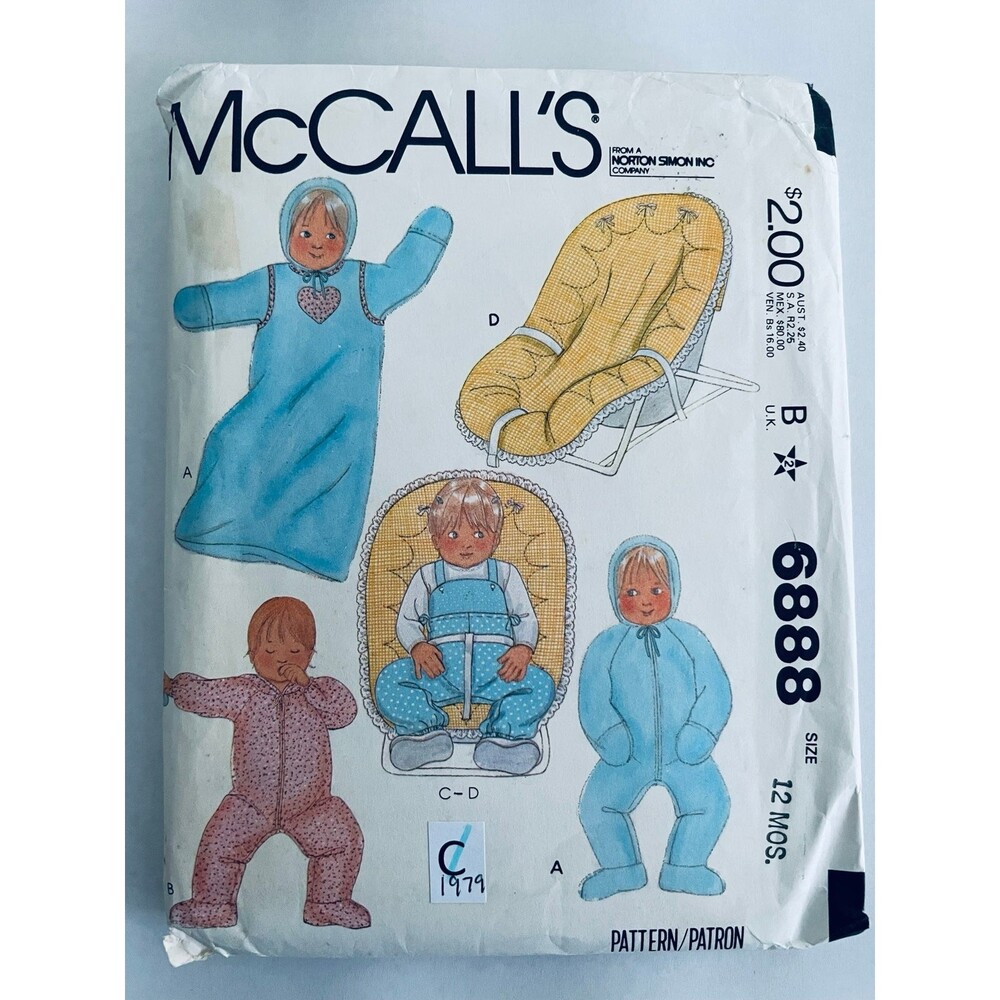Vintage 70s McCalls 6888 Baby Bunting Jumpsuit Seat Cover Pattern Sz 12 mo CUT.